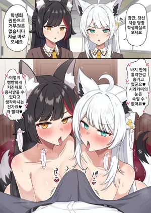 [Namaitachi] Seitokaishitsu ni Yobidashite W Fella de Shiboritocchau Hatsujouki fbmo | 학생회실로 불러내 더블 펠라로 착정하는 발정기 후부키와 미오 (Shirakami Fubuki, Ookami Mio) [Korean]